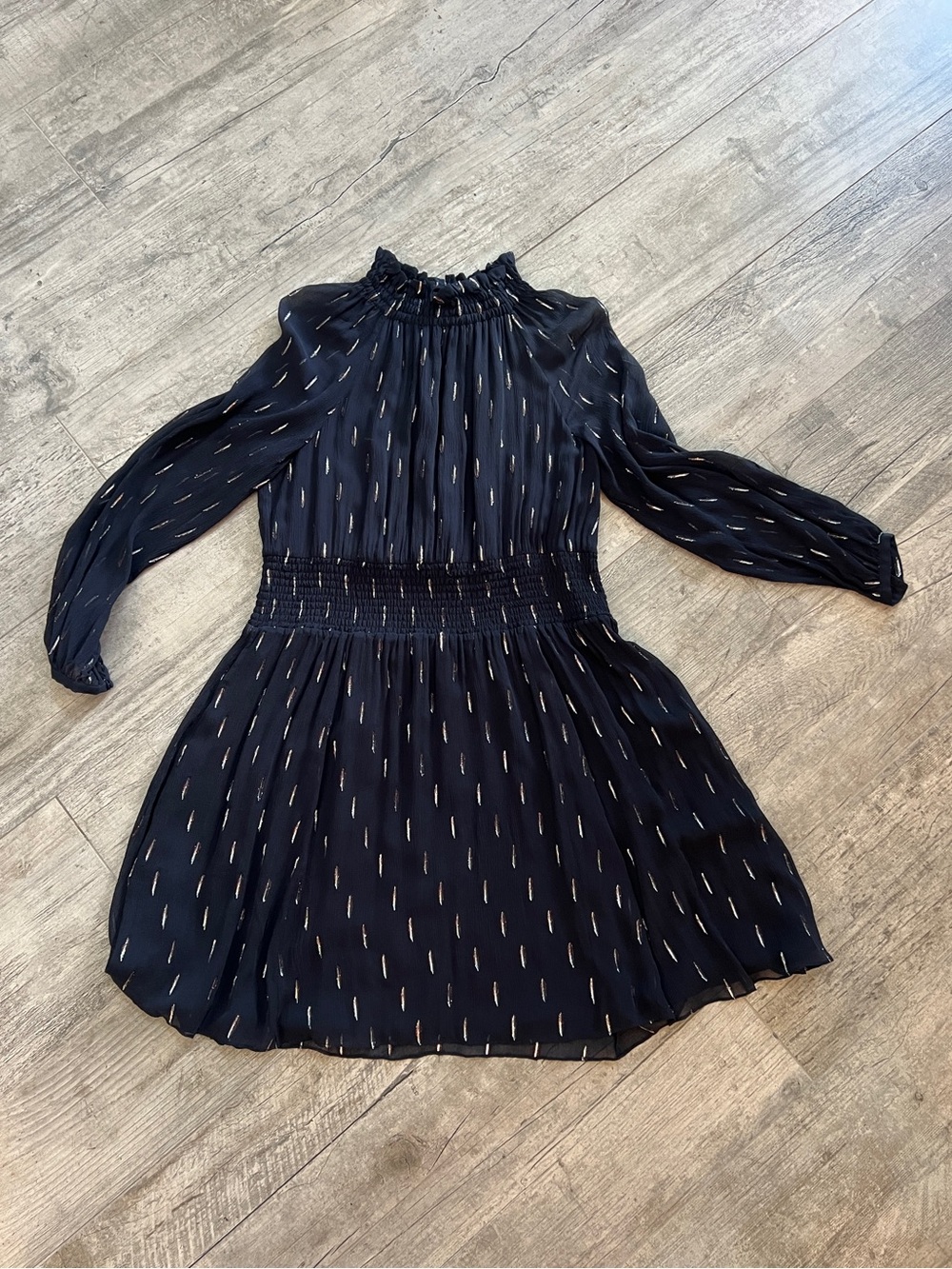 Rebecca Taylor Classic Wedding Guest Silk Navy Mini Dress Metallic/Sheer sleeves